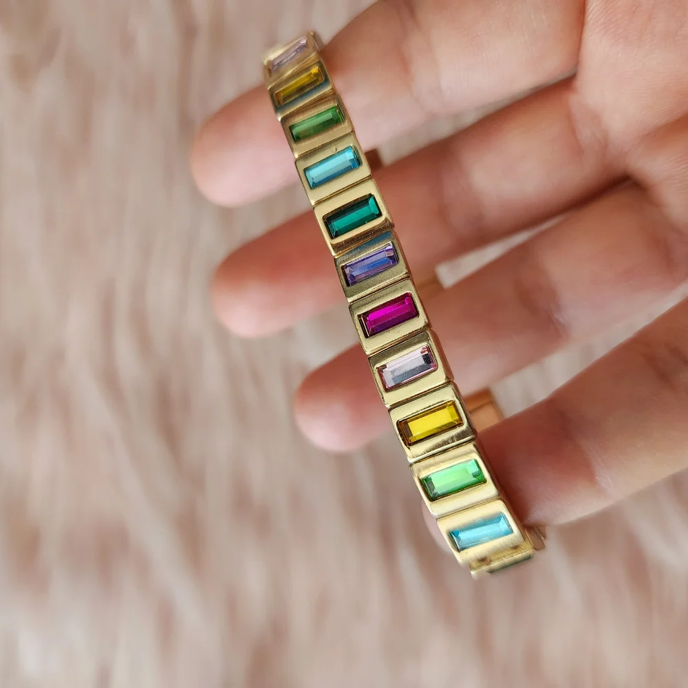 Vibrant Rainbow Rhinestone Bracelet Gold Tone Baguette Crystal Stretch Jewelry